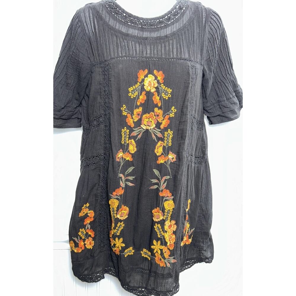Free People Women's XS Riviera Black Embroidered Lace Mini Dress Cotton S/S